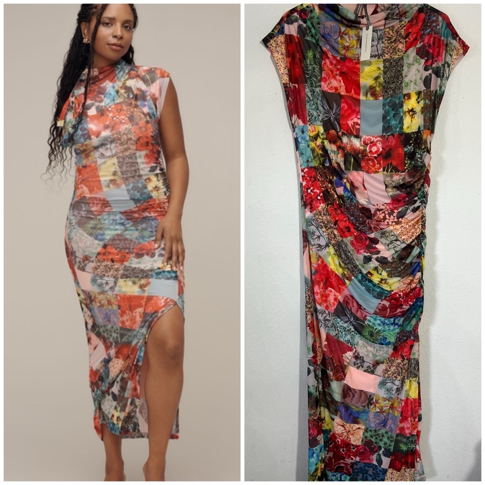 Anthro Maya Ruched Cowl-Neck Mesh Dress